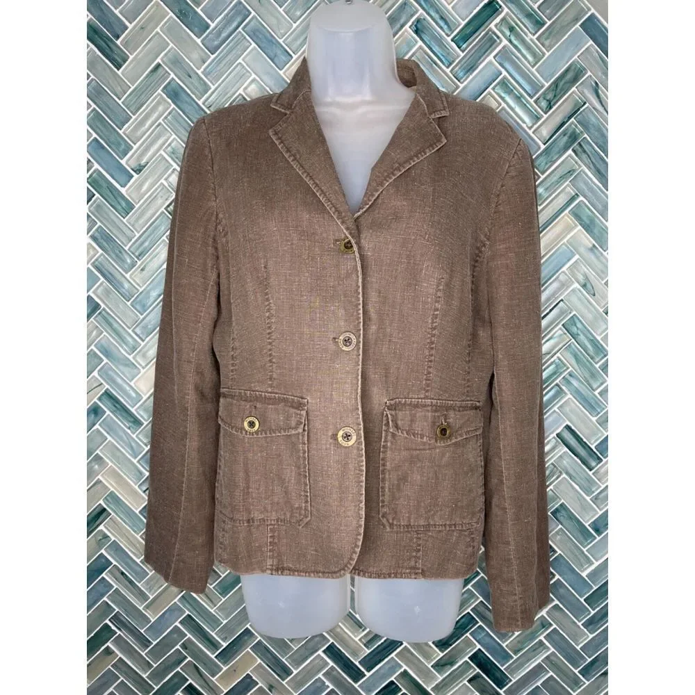 MICHAEL MICHAEL KORS WOMENS BROWN NEUTRAL LINEN BLEND FITTED JACKET BLAZER SZ 10